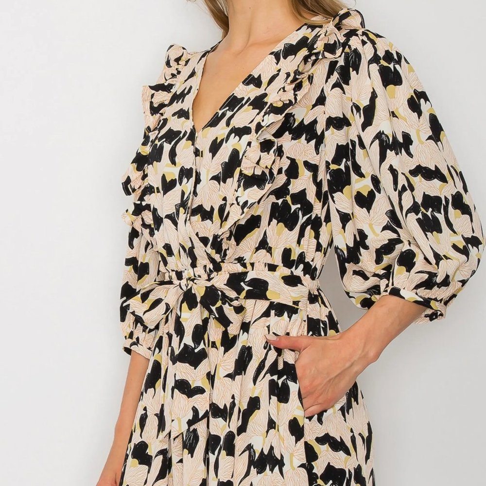 MELLODAY Cream Floral Maxi Dress with Black and Yellow Accents